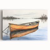 Black and white photo of a rowboat on water, printed on large stretched canvas, ideal for kitchen wall art.