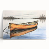 Black and white photo of a rowboat on water, printed on large stretched canvas, ideal for kitchen or bedroom wall art.