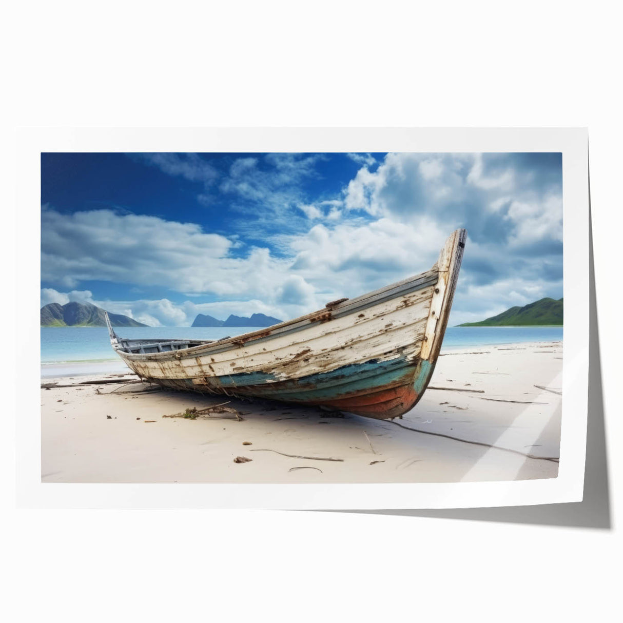 Rowboat on calm water, soft pastel blues and greens, extra large rolled print, suitable for dining room or bathroom decor.