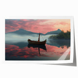 Extra large wall art featuring a rowboat on water, in muted blue tones on rolled canvas, ideal for dining room decor.