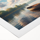 Art deco poster featuring a rowboat on calm waters, in muted blues and grays, on rolled canvas.