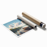 Extra large wall art featuring a serene rowboat on water, in soft blue and gray tones on a rolled print.