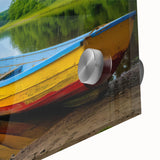 Large abstract wall art featuring a rowboat in muted blue and gray tones on acrylic glass, suitable for dining room decor.