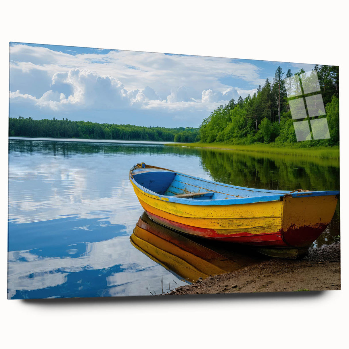 Side view of a rowboat depicted in large abstract wall art on acrylic glass, using a blue and gray color palette.