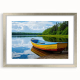 Abstract art print of a rowboat in muted blue and gray tones on a silver-framed canvas, suitable for dining room decor.