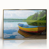 Mid-century modernist art of a rowboat in muted earth tones, acrylic print framed in gold, suitable for nursery wall art.