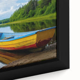 Extra large black wall art on canvas featuring a textured close-up of a rowboat, with colorful accents.
