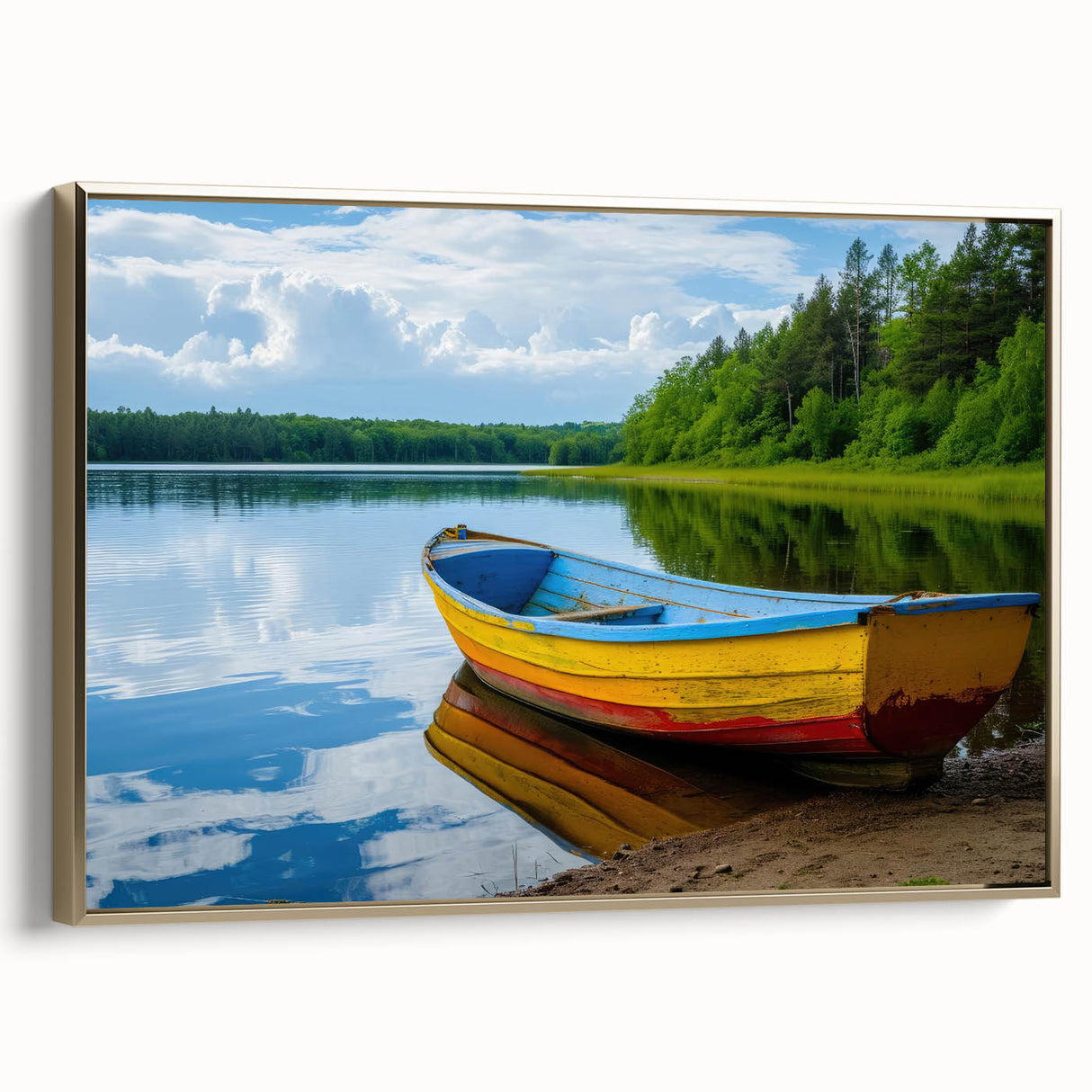 Framed canvas depicting a vintage rowboat landscape art painting in black with colorful accents, ideal for office wall decor.