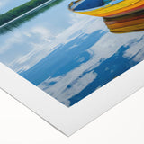 Art deco poster of a rowboat in muted blue and gray tones on rolled canvas, suitable for dining room wall art.