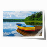Extra large rolled print of a rowboat on calm waters, in muted blue and gray tones, ideal for dining room wall art.