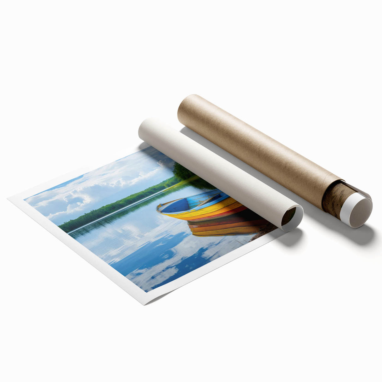 Extra large wall art featuring a rowboat in muted gray and blue tones on rolled canvas, suitable for bathroom decor.