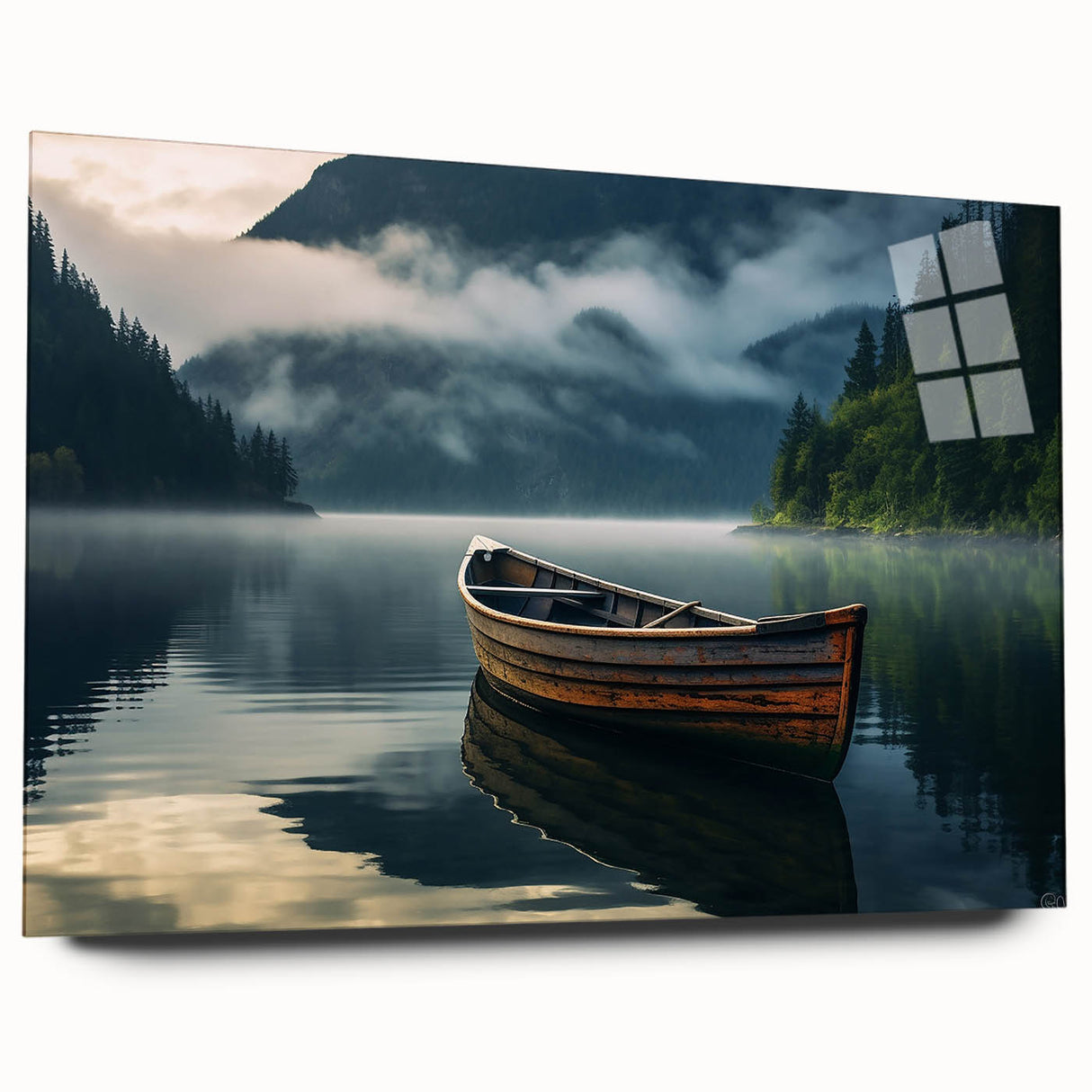 Side view of a rowboat depicted in muted blue and gray tones on acrylic glass, suitable for bedroom or dining room decor.
