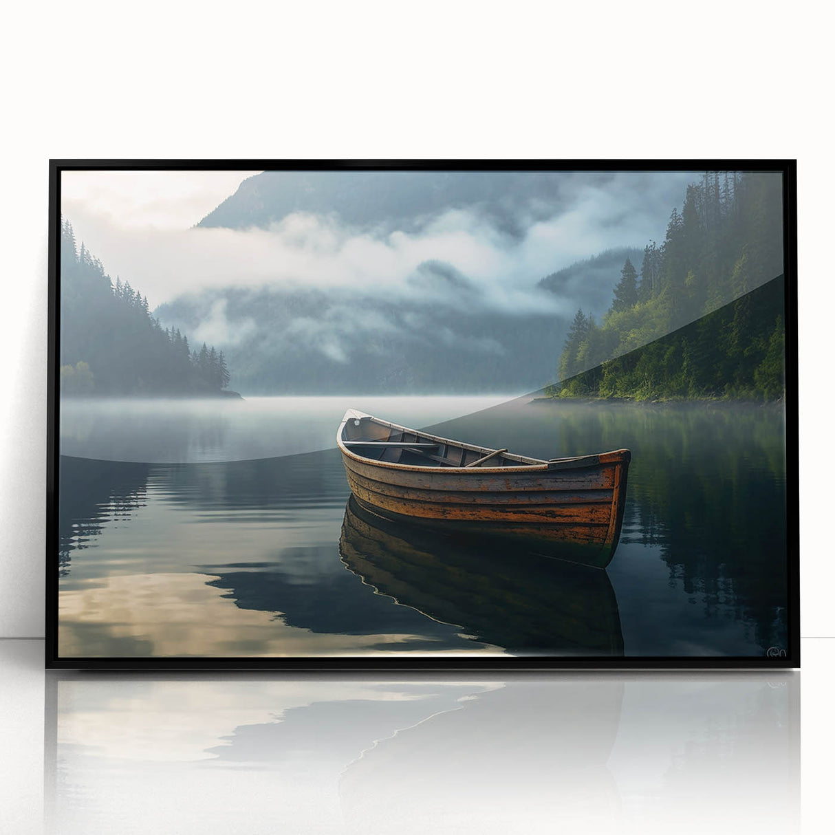 Large abstract wall art featuring a minimalist rowboat design in black and white, framed acrylic.