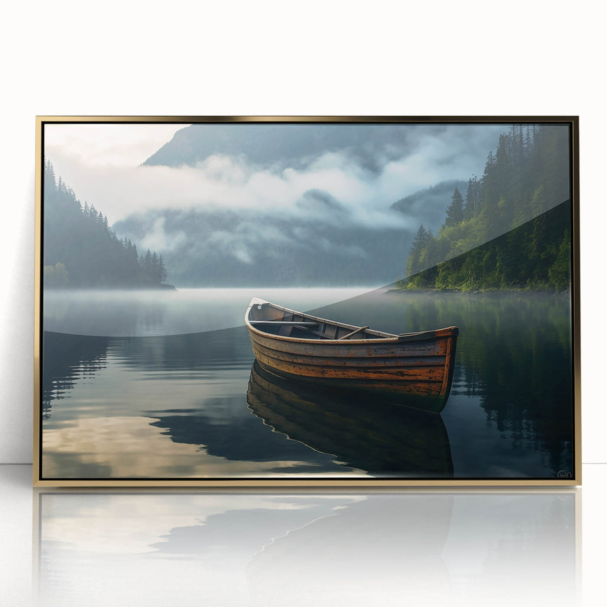 Mid-century modernist art of a rowboat in muted blue and gold tones on framed acrylic, suitable for nursery wall art.