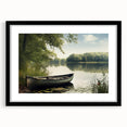 Abstract art print of a rowboat in vibrant colors on a textured canvas, framed in black, ideal for living room decor.