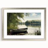Abstract art print of a rowboat in muted blue and white tones on a framed silver mat, ideal for dining room decor.