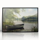 Large abstract wall art featuring a rowboat in muted earth tones on a framed acrylic, ideal for a modern living room.