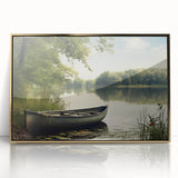 Mid-century modernist art of a rowboat in muted earth tones on a framed acrylic, ideal for nursery wall art.