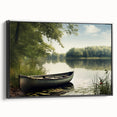 Black and white framed canvas of a vintage rowboat landscape, ideal for bedroom wall art.
