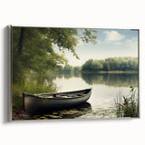 Vintage poster art of a colorful rowboat on a black background, framed canvas, ideal for living room decor.