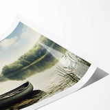 Extra large wall art featuring a rowboat on water, in muted blues and grays, printed on rolled canvas.
