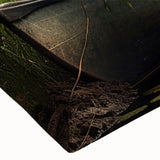 Black and white landscape art painting of a rowboat on a lake, printed on large stretched canvas.