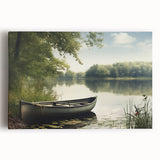 Black and white photograph of a rowboat on water, printed on large stretched canvas, suitable for kitchen wall art.