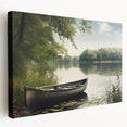 Side view of a rowboat on a stretched canvas with muted blue and gray tones, suitable for kitchen wall art.