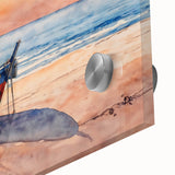 Large abstract rowboat print in muted earth tones on acrylic glass.