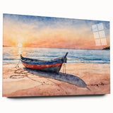 Acrylic print of a side-view rowboat in muted blue and gray tones, suitable for bedroom or dining room decor.