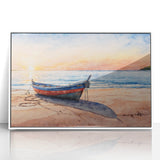 Acrylic print of a mid-century modernist rowboat, in muted gray and blue, ideal for nursery wall art.