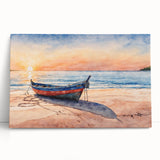 Black and white photo of a rowboat on water, printed on large stretched canvas.