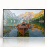 Art deco poster of a rowboat in muted blue and gray tones on a silver-framed acrylic, ideal for modern nursery wall art.