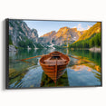 Black and white framed canvas featuring a vintage style rowboat on a calm lake, ideal for bedroom wall decor.