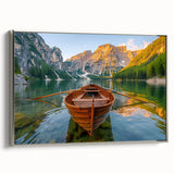 Vintage poster art of a rowboat on calm waters, rendered in black and colorful hues on a large framed canvas.
