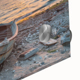 Close-up of a mid-century modernist rowboat acrylic print in earth tones, ideal for dining room art.