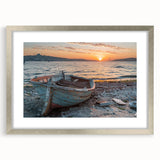 Abstract art print of a rowboat in muted blues and grays on framed canvas, ideal for dining room decor.