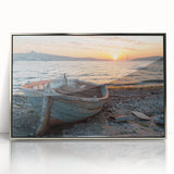 Art deco poster of a silver rowboat on acrylic, in soft gray tones, ideal for modern nursery wall art.