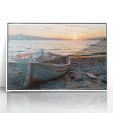 Mid-century modernist style rowboat depicted in muted blue and gray tones on a large framed acrylic print.