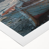 Art deco poster of a rowboat on calm waters, in muted blue and gray tones, on rolled canvas, ideal for dining room wall art.