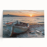 Black and white photo of a rowboat on calm water, printed on large stretched canvas.