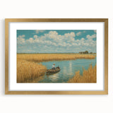 Textured art of an abstract rowboat in muted blue and gray tones on a framed gold mat, ideal for bedroom wall decor.