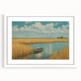 Extra large abstract art print of a textured rowboat, in muted blue and white tones on a framed canvas.