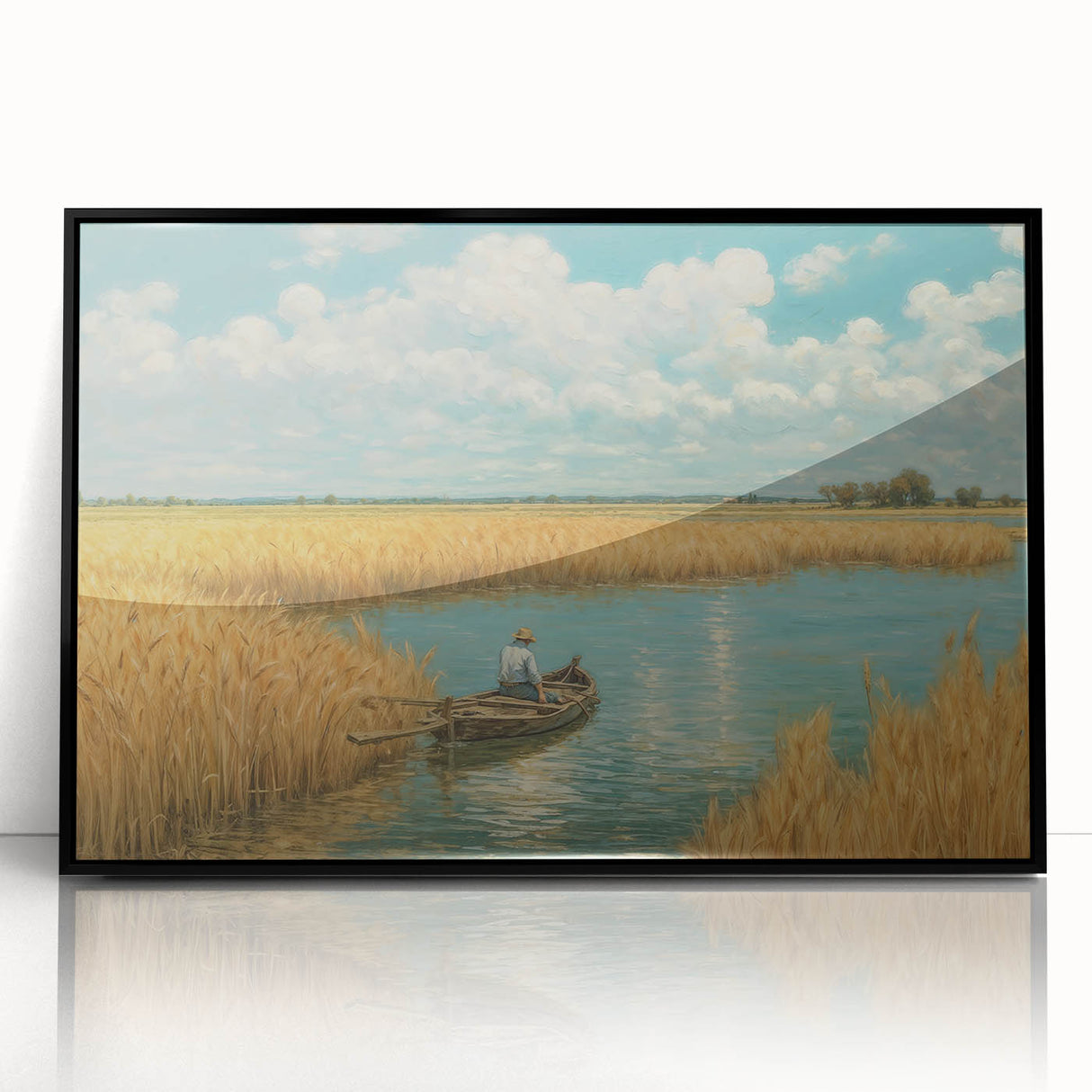 Large abstract wall art of a rowboat in black and white, framed acrylic, ideal for modern living room decor.