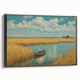 Black and white framed canvas featuring a vintage rowboat landscape, ideal for bedroom wall decor.