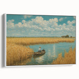 Framed canvas of a vintage rowboat in grayscale, ideal for bedroom wall art with a serene landscape theme.