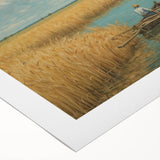 Art deco poster of a rowboat on calm waters, rendered in soft blue and gray tones on rolled canvas.
