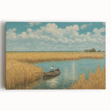 Black and white photo of a rowboat on water, printed on large stretched canvas, suitable for kitchen wall art.