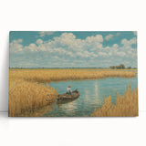 Black and white photo of a rowboat on calm water, printed on large stretched canvas.
