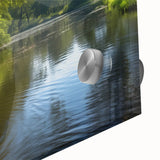 Mid-century modernist style large abstract art print of a rowboat, featuring muted earth tones on acrylic glass.